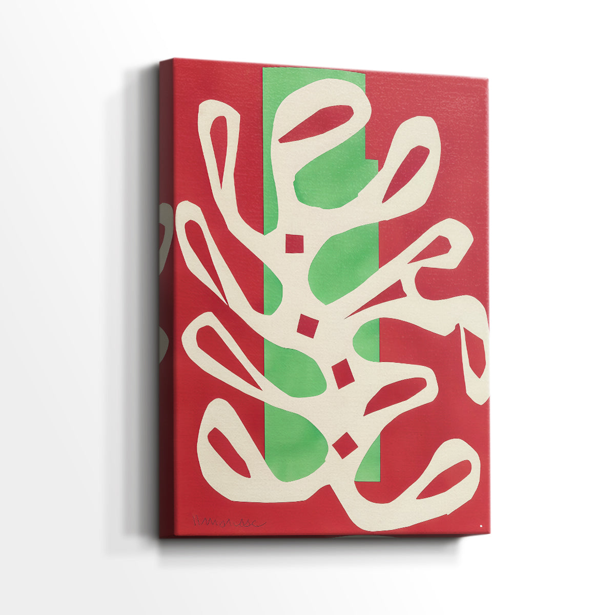 Side view of a canvas art print of a modern collage-like image with contrasting tones, showing gallery-wrapped depth.