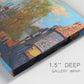 Close-up view of wrapped canvas corner featuring wooded stream landscape.