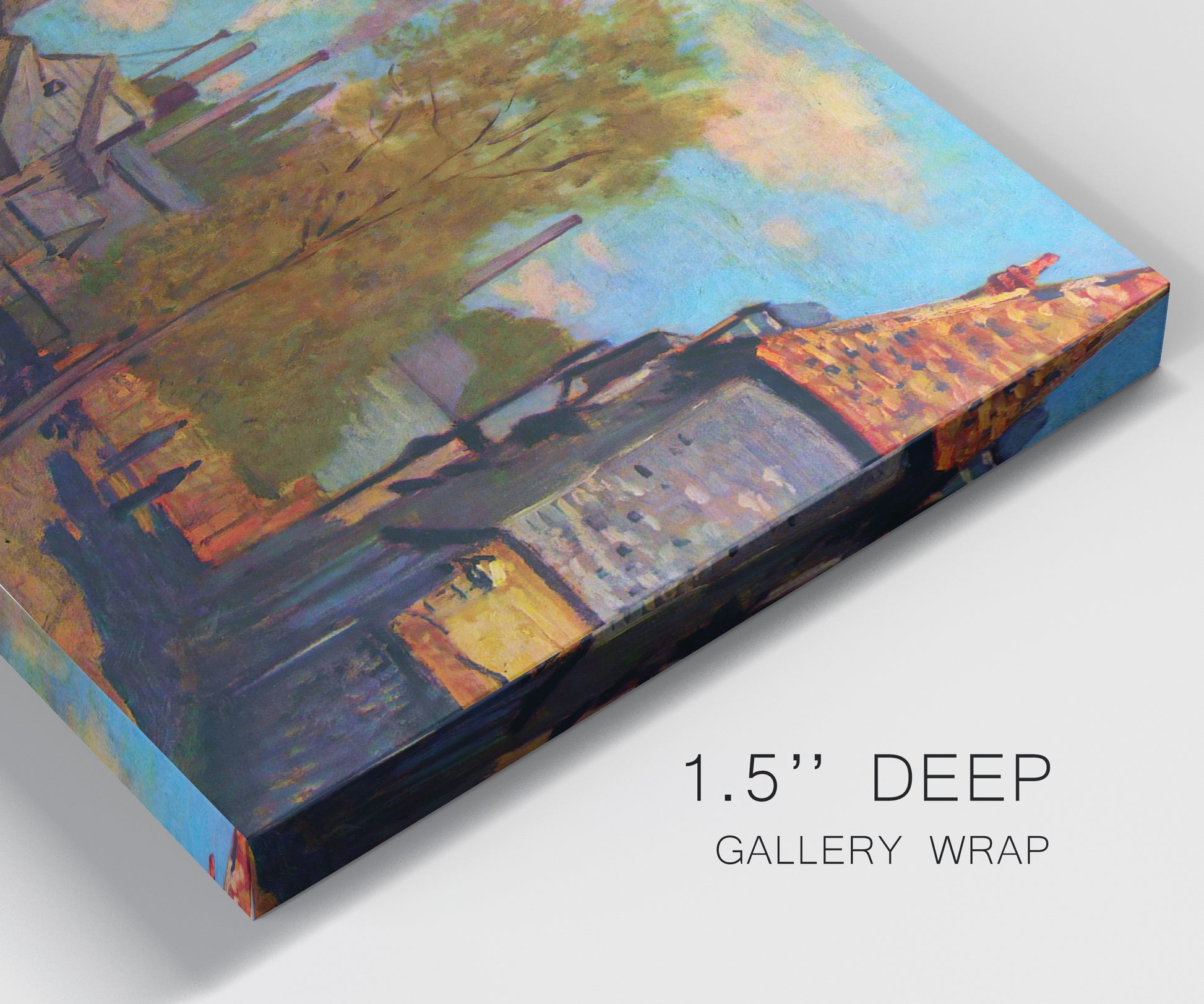 Close-up view of wrapped canvas corner featuring wooded stream landscape.