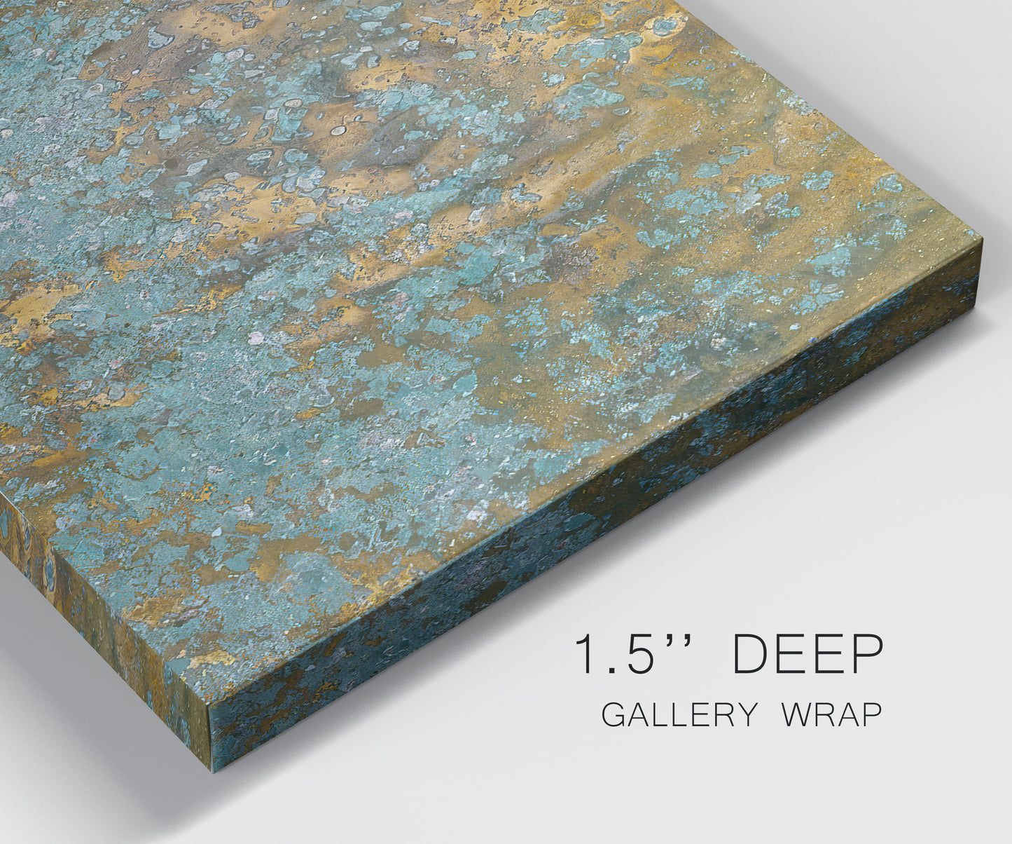 Close-up view of wrapped canvas corner featuring earthy copper toned abstract.
