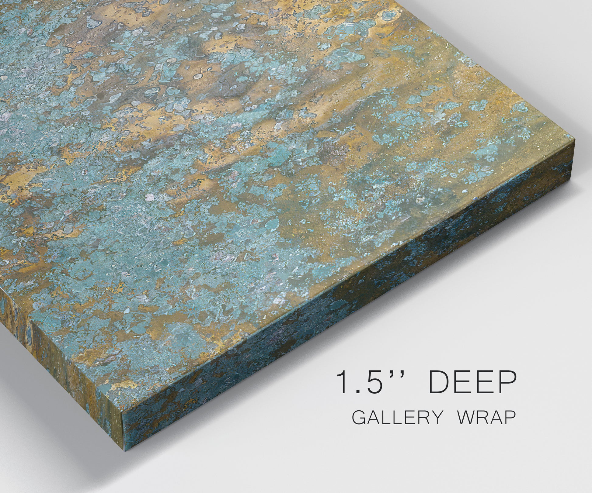 Close-up view of wrapped canvas corner featuring earthy copper toned abstract.