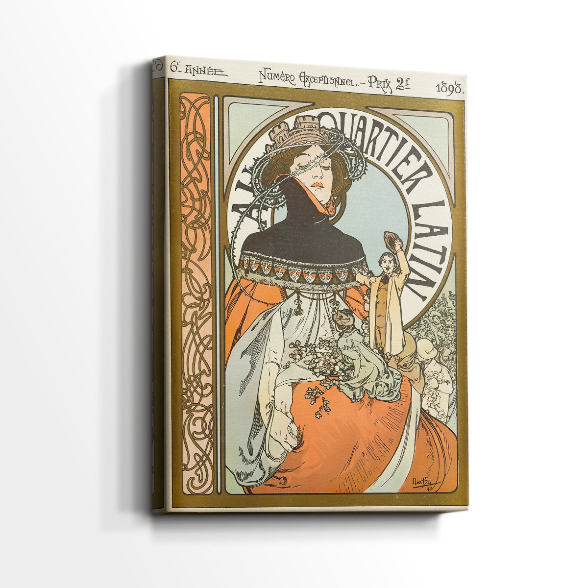 Side view of a canvas art print of a decorative poster with flowing lines and soft tones, showing gallery-wrapped depth.