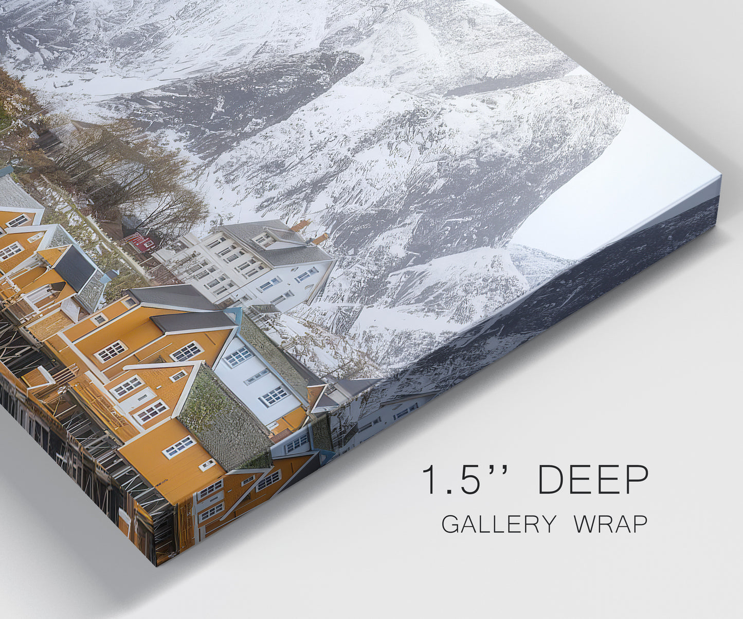 Close-up view of wrapped canvas corner featuring winter village street photography.
