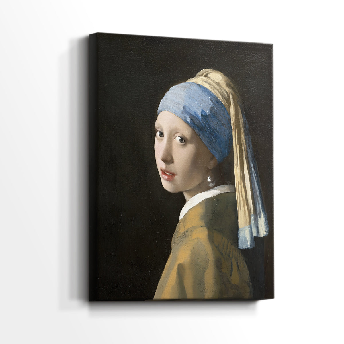 Side view of a canvas art print of a refined portrait with subtle highlights and gentle expression, showing gallery-wrapped depth.
