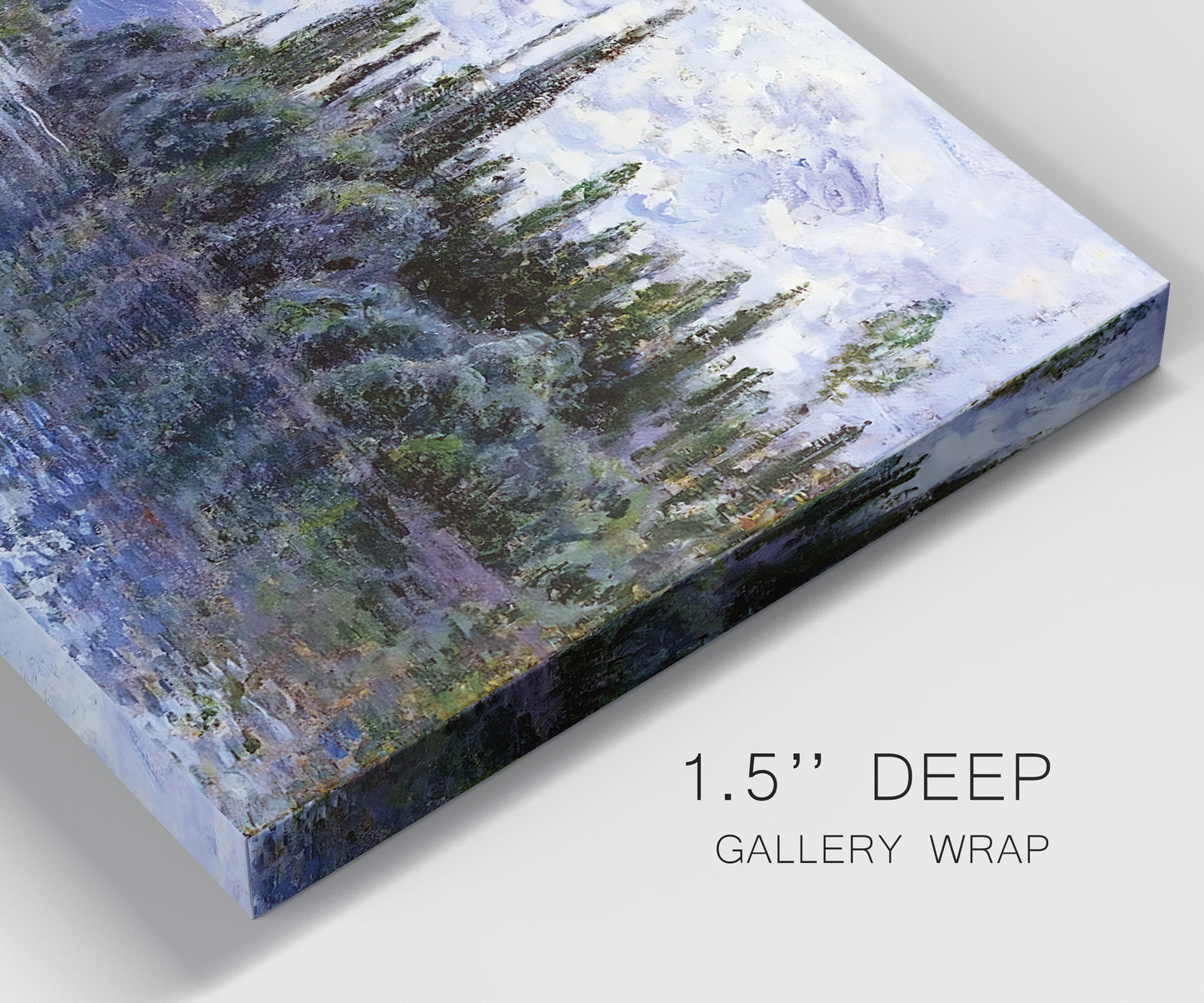 Close-up view of wrapped canvas corner featuring quiet river bend near village.