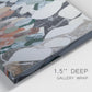 Close-up view of wrapped canvas corner featuring layered canyon inspired abstract forms.