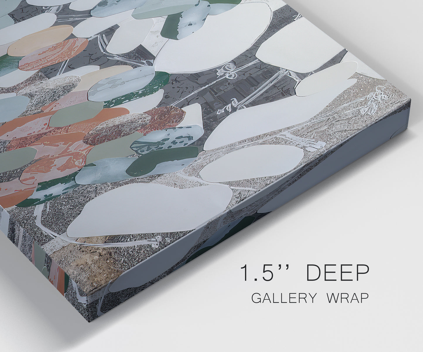 Close-up view of wrapped canvas corner featuring layered canyon inspired abstract forms.