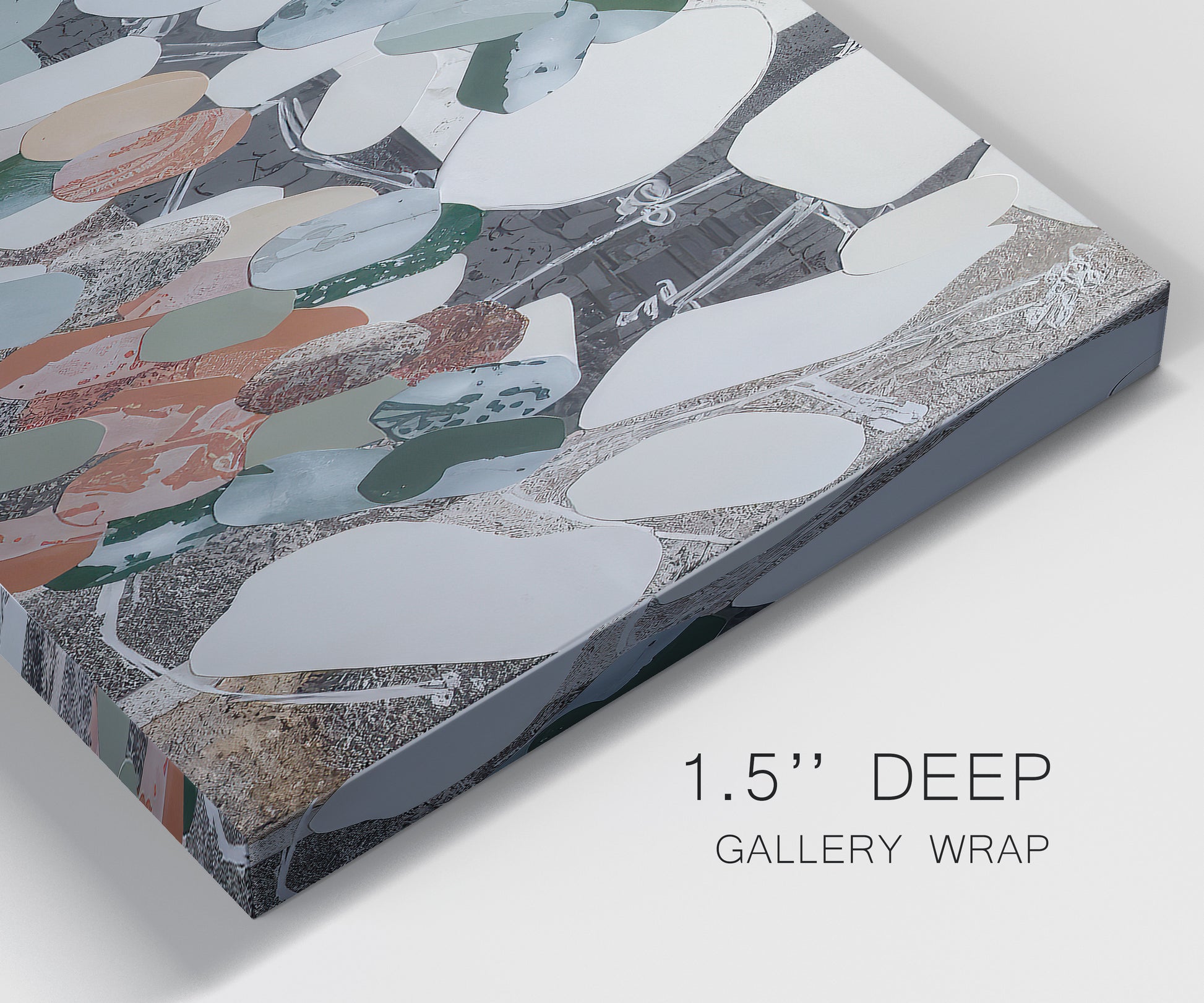 Close-up view of wrapped canvas corner featuring layered canyon inspired abstract forms.