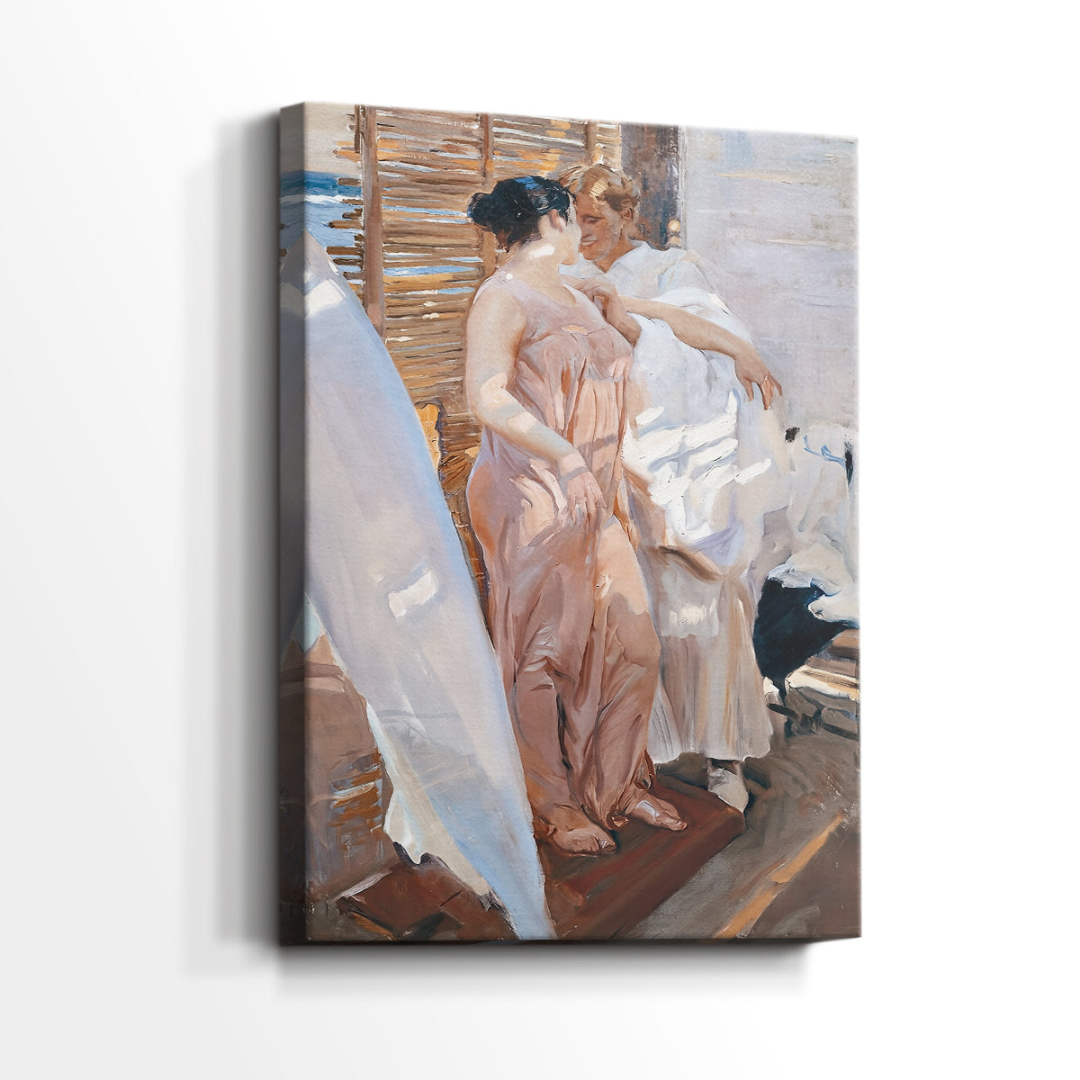 Side view of a canvas art print of a quiet composition with soft fabric and subtle highlights, showing gallery-wrapped depth.
