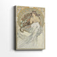 Side view of a canvas art print of a decorative portrait with soft tones and rhythmic composition, showing gallery-wrapped depth.