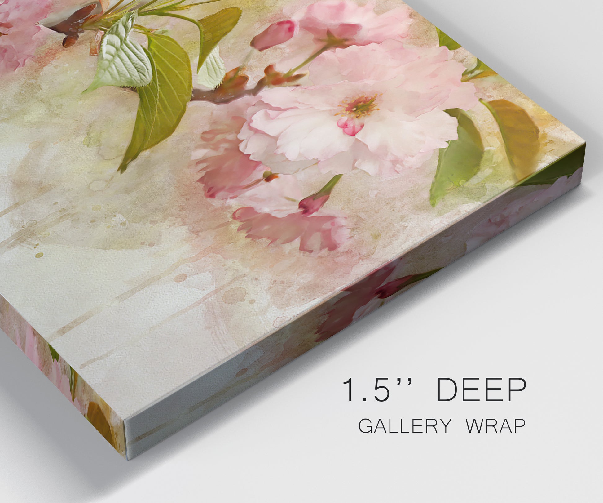 Close-up view of wrapped canvas corner featuring soft floral blossom composition.