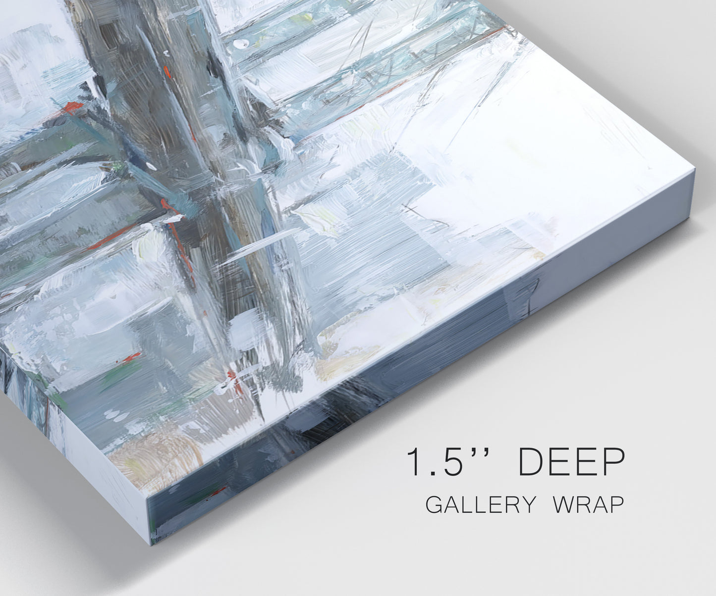 Close-up view of wrapped canvas corner featuring urban cityscape with architectural forms.