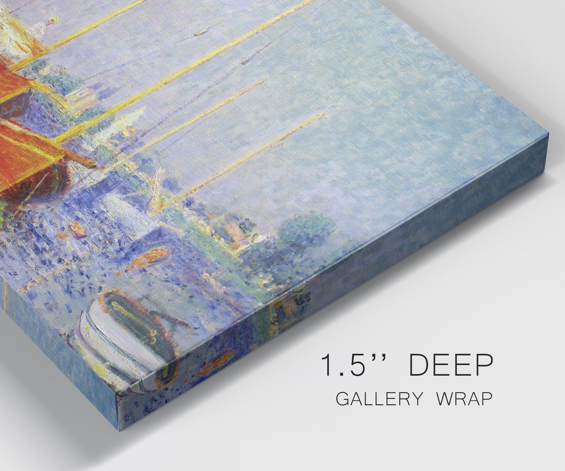 Close-up view of wrapped canvas corner featuring red boats along riverbank.