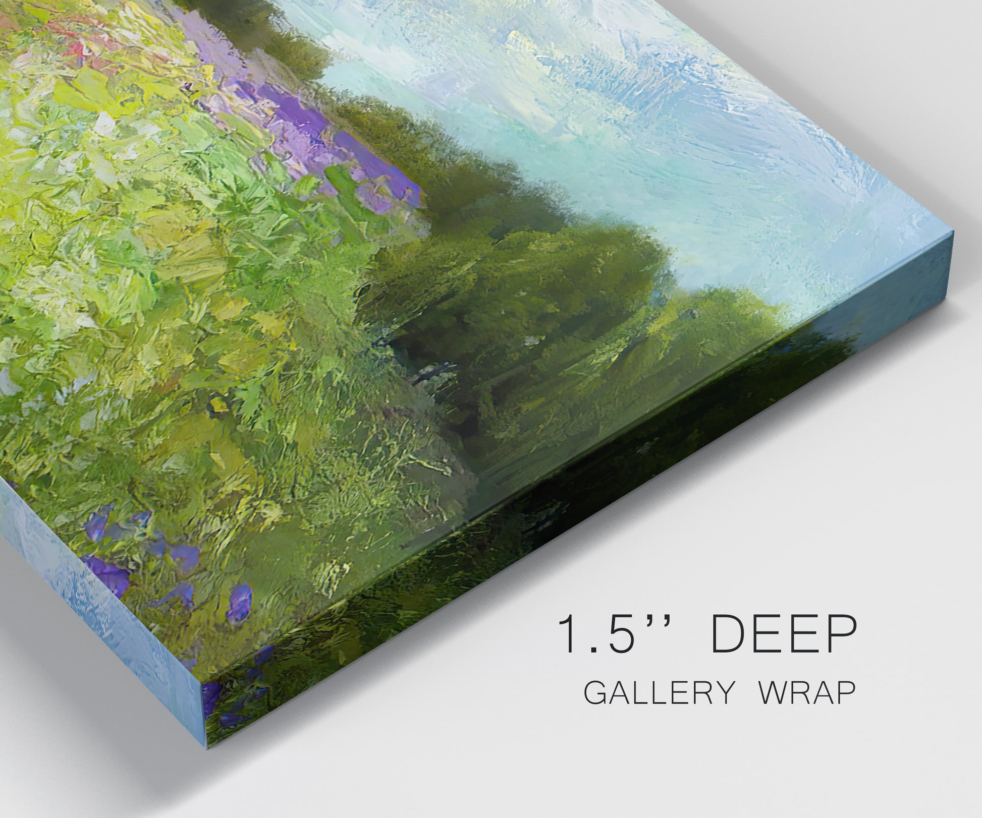Close-up view of wrapped canvas corner featuring pastoral field with wildflowers.