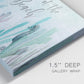 Close-up view of wrapped canvas corner featuring coastal typography with seahorses.