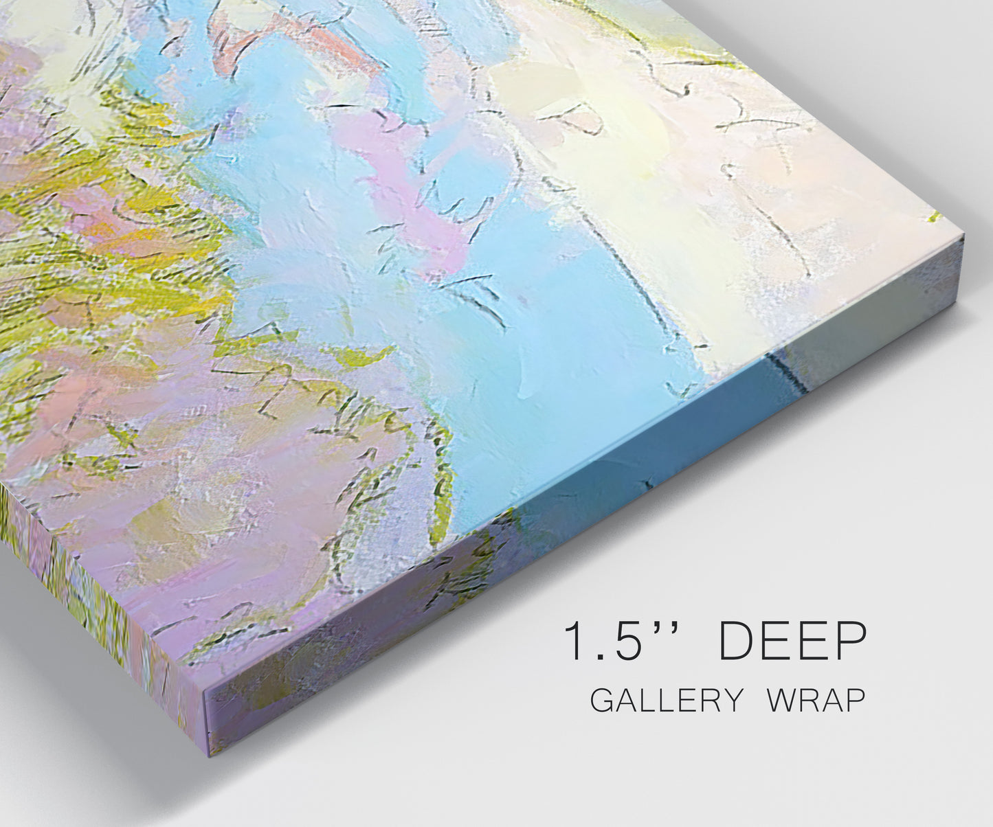 Close-up view of wrapped canvas corner featuring geometric mid century abstract blocks.