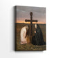 Side view of a canvas art print of a reflective interior scene with a woman expressing quiet sorrow, showing gallery-wrapped depth.