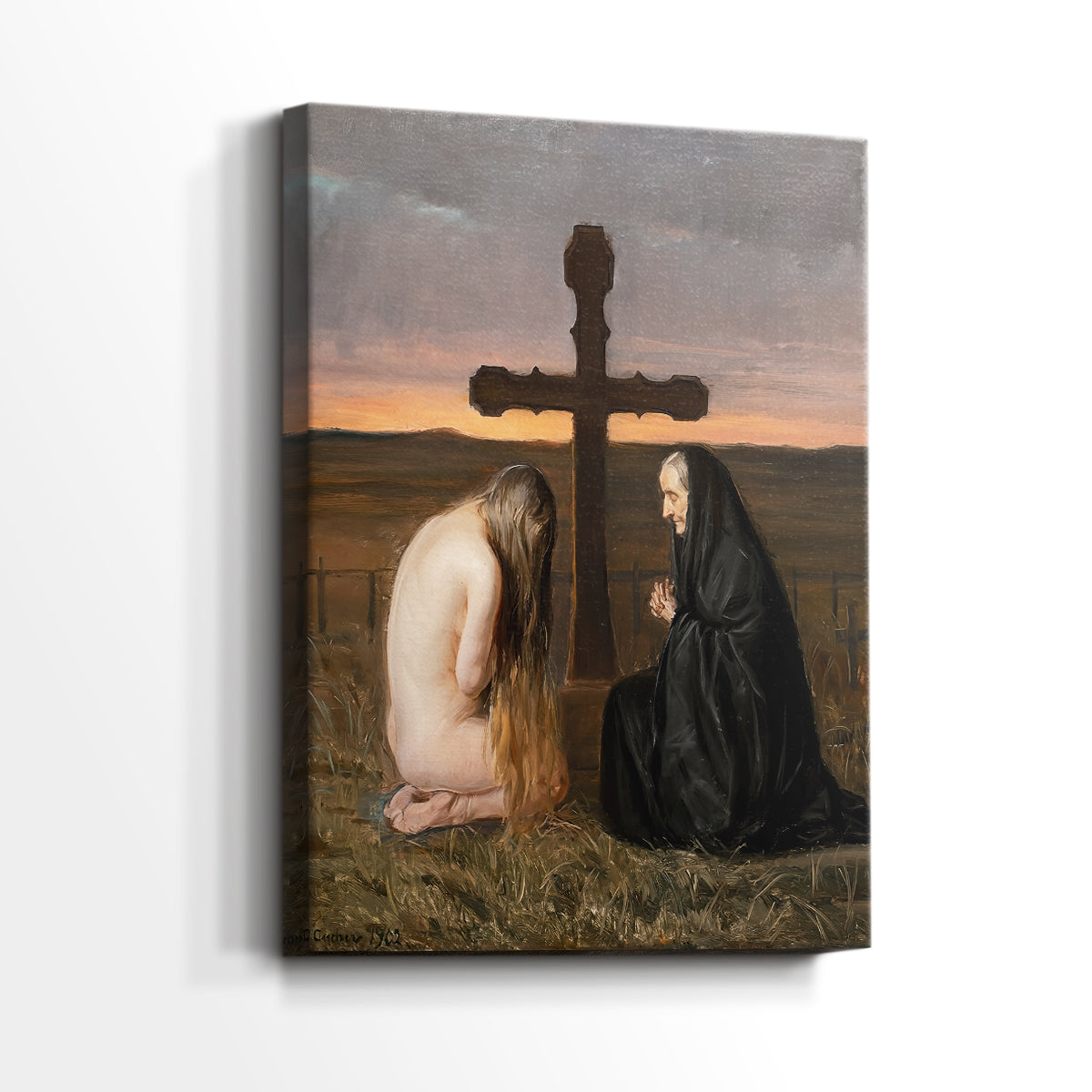 Side view of a canvas art print of a reflective interior scene with a woman expressing quiet sorrow, showing gallery-wrapped depth.