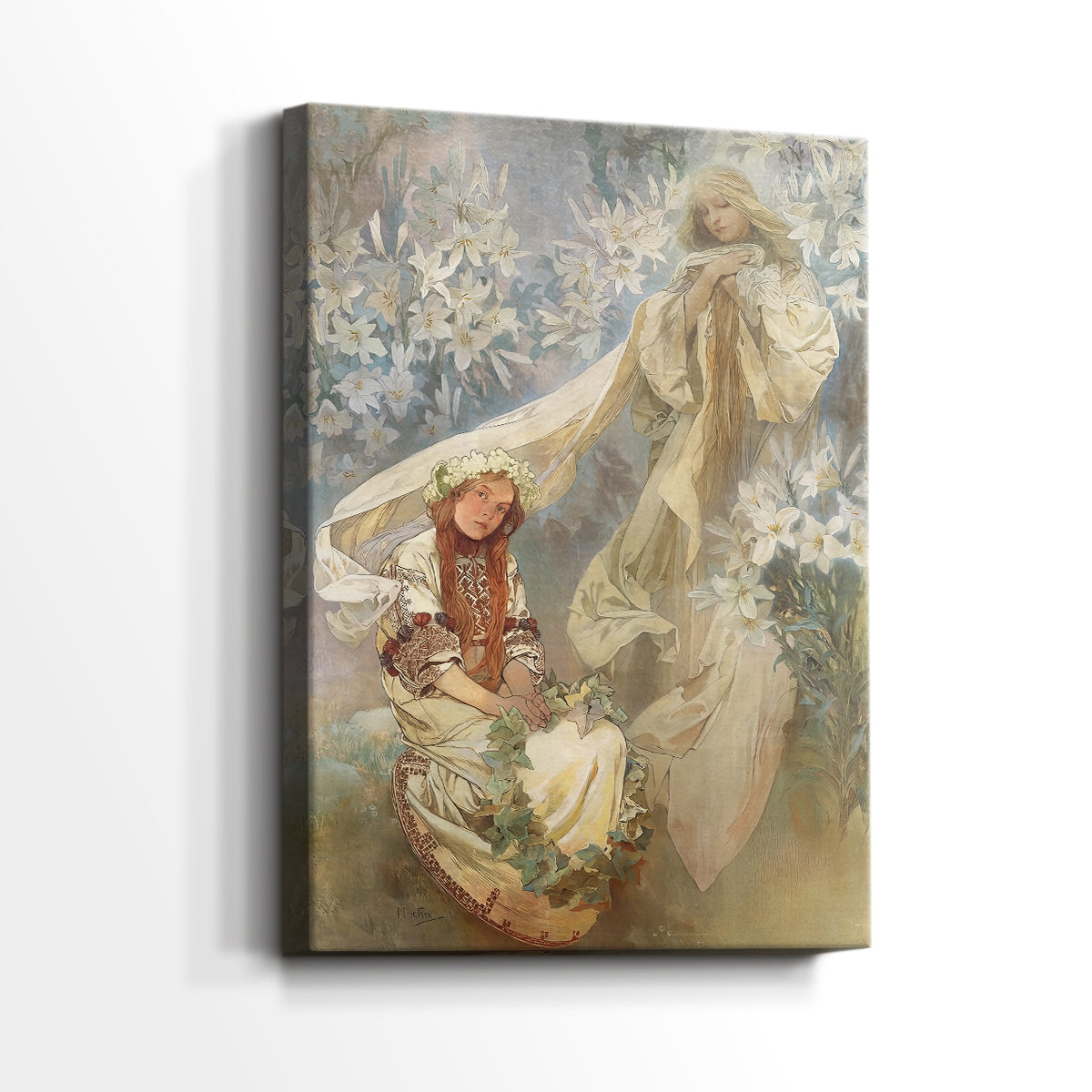 Side view of a canvas art print of a decorative portrait with spiritual symbolism and elegant lines, showing gallery-wrapped depth.