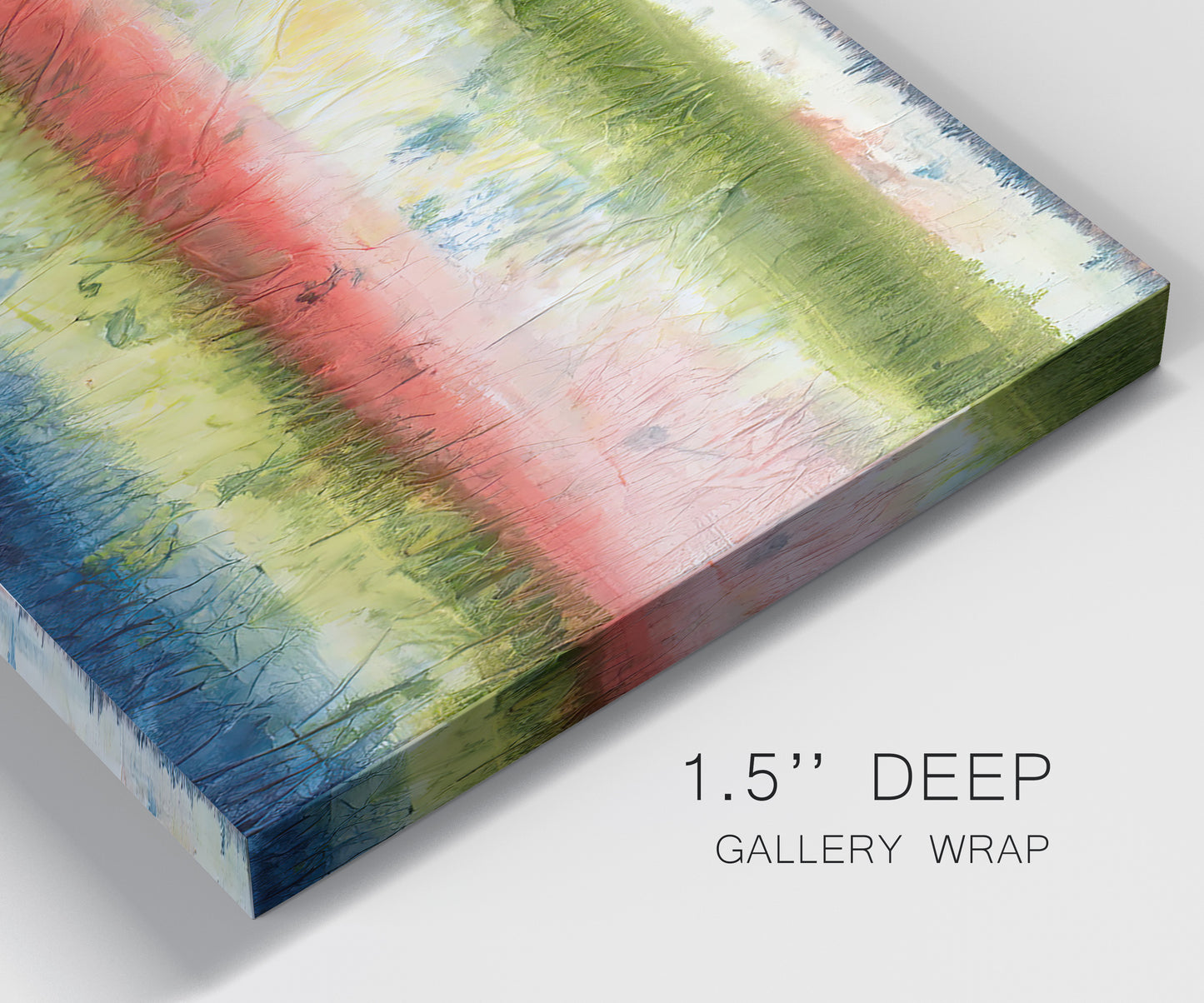 Close-up view of wrapped canvas corner featuring layered abstract color banding.