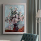 Impressionist chrysanthemum floral painting by Claude Monet in an {frame_style_descriptor} displayed in a neutral interior setting.