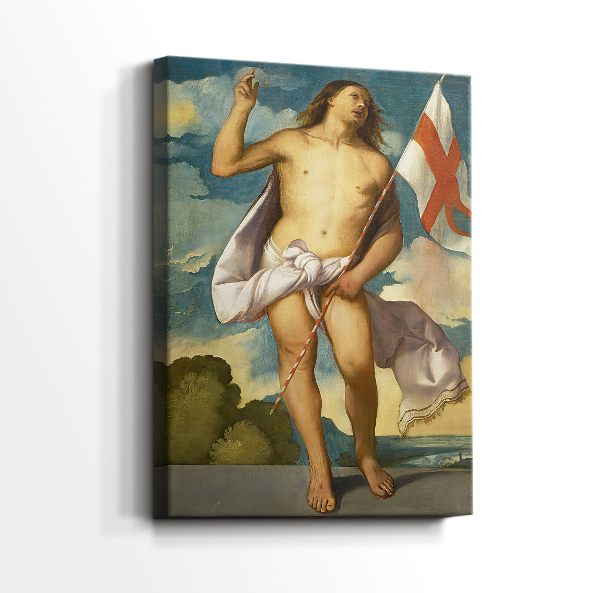 Side view of a canvas art print of a spiritual image with balanced form and depth, showing gallery-wrapped depth.