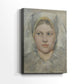 Side view of a canvas art print of a refined portrait with subtle color and smooth detail, showing gallery-wrapped depth.