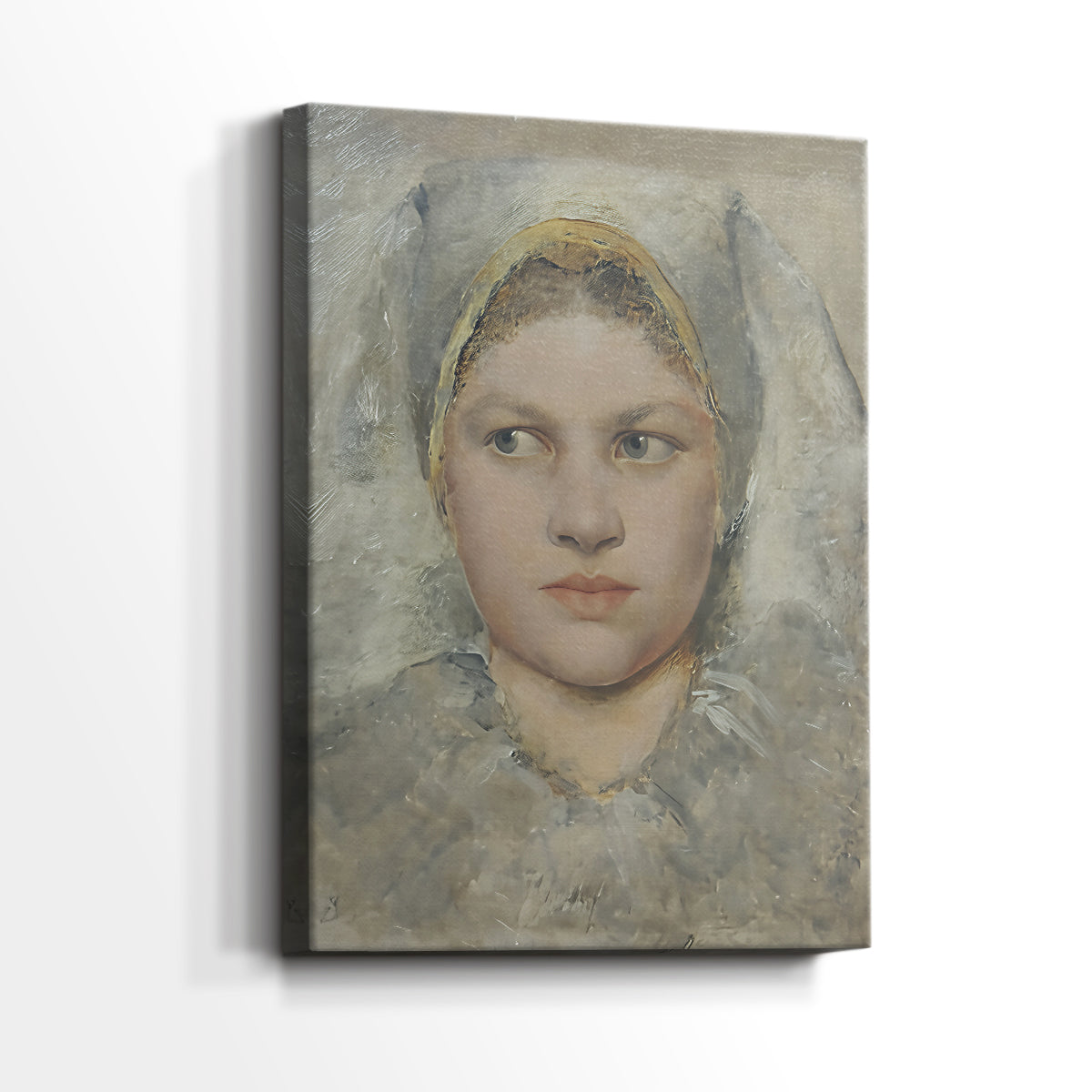 Side view of a canvas art print of a refined portrait with subtle color and smooth detail, showing gallery-wrapped depth.