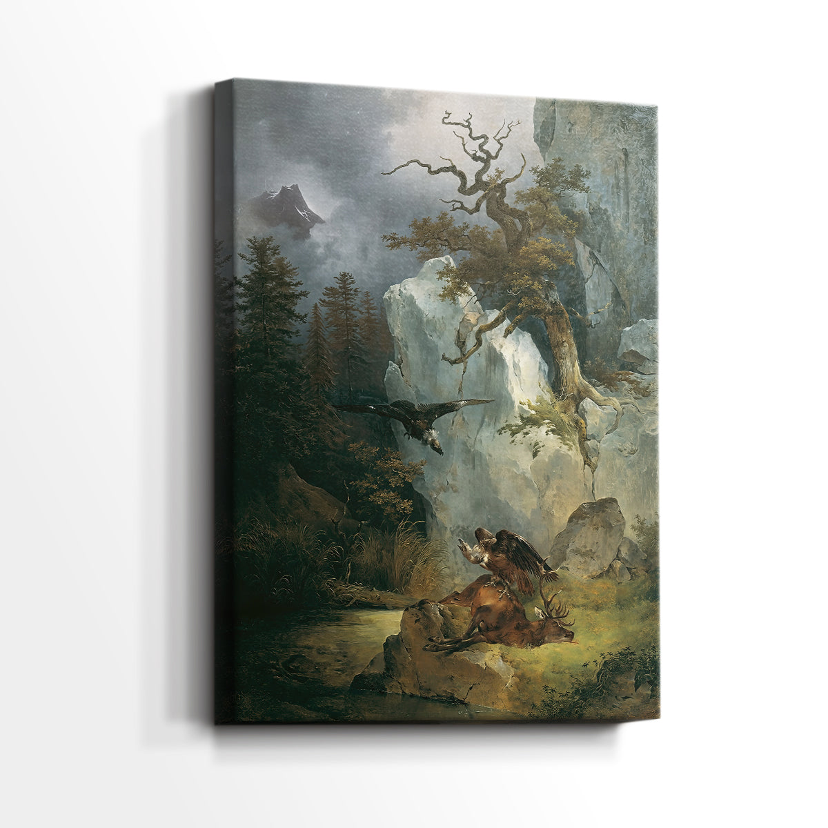 Side view of a canvas art print of a dramatic outdoor scene with strong contrast and texture, showing gallery-wrapped depth.