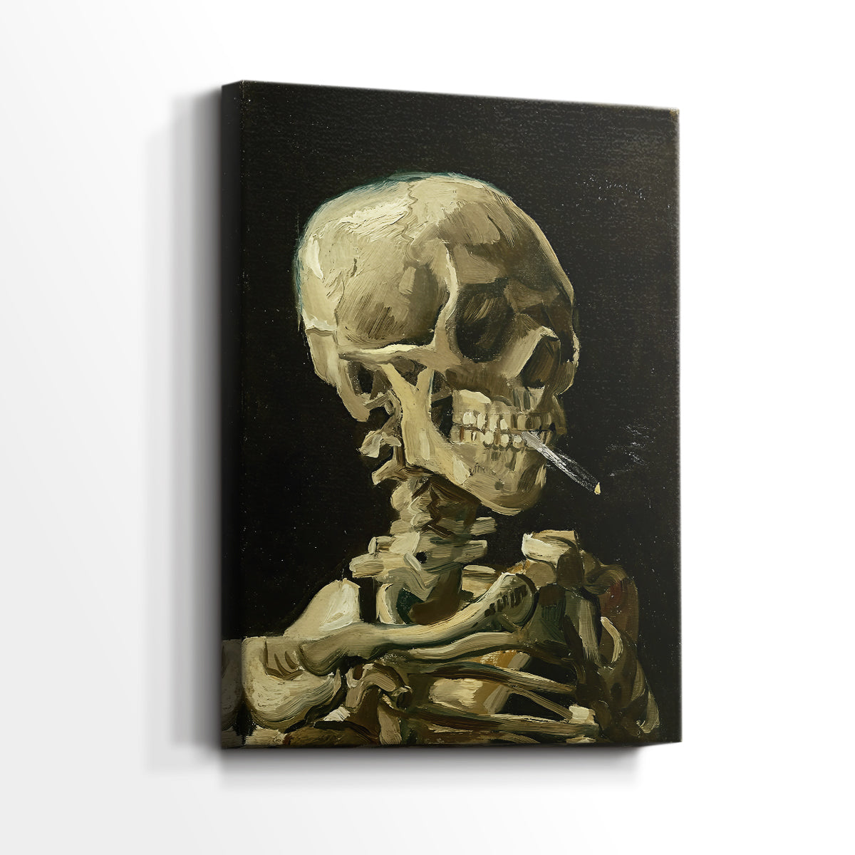 Side view of a canvas art print of a stylized image with strong contrast and rough brushwork, showing gallery-wrapped depth.