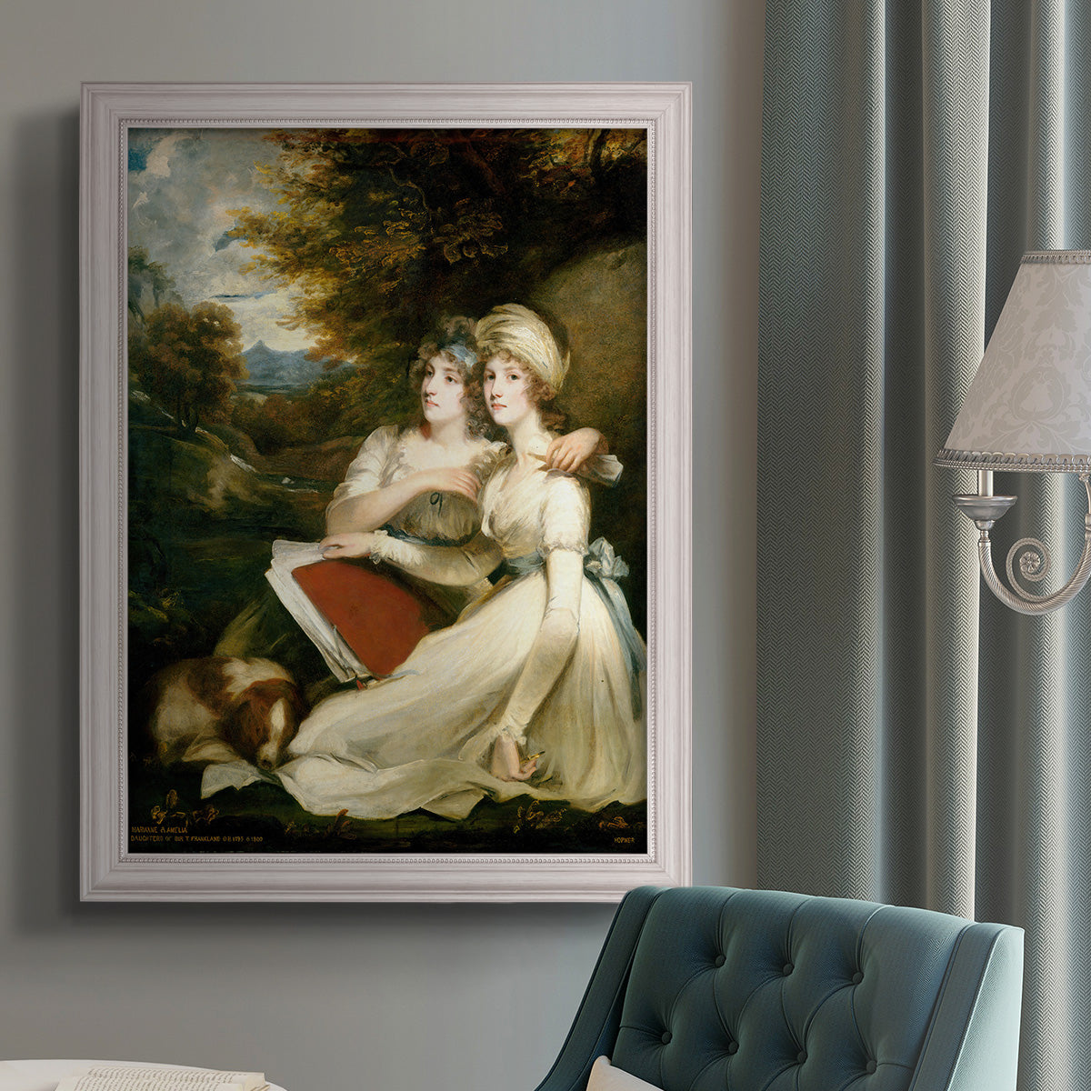 Classical portrait of the Frankland sisters by John Hoppner in an {frame_style_descriptor} displayed in a neutral interior setting.