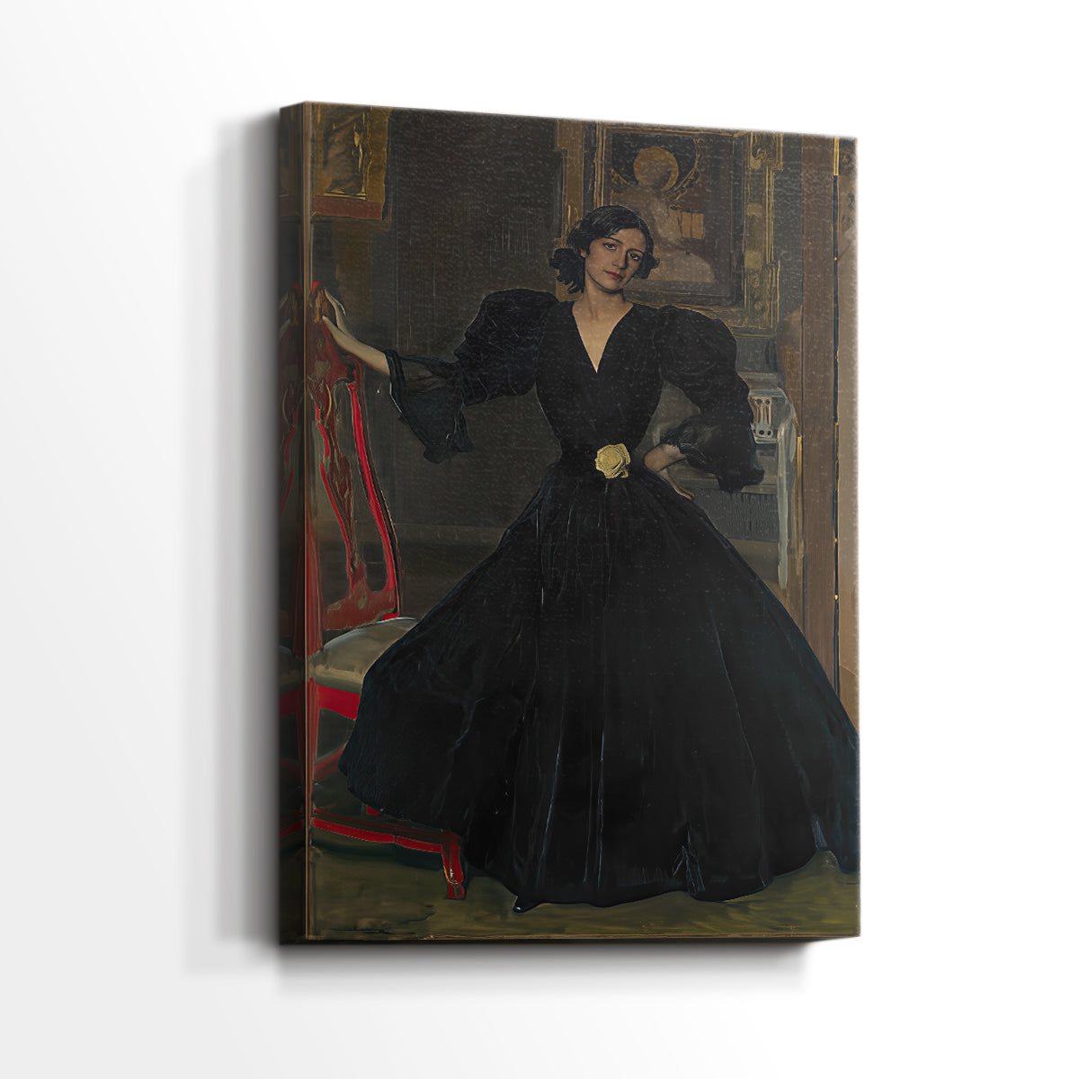 Side view of a canvas art print of a composed portrait with elegant simplicity, showing gallery-wrapped depth.