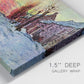 Close-up view of wrapped canvas corner featuring river view beneath cloudy sky.