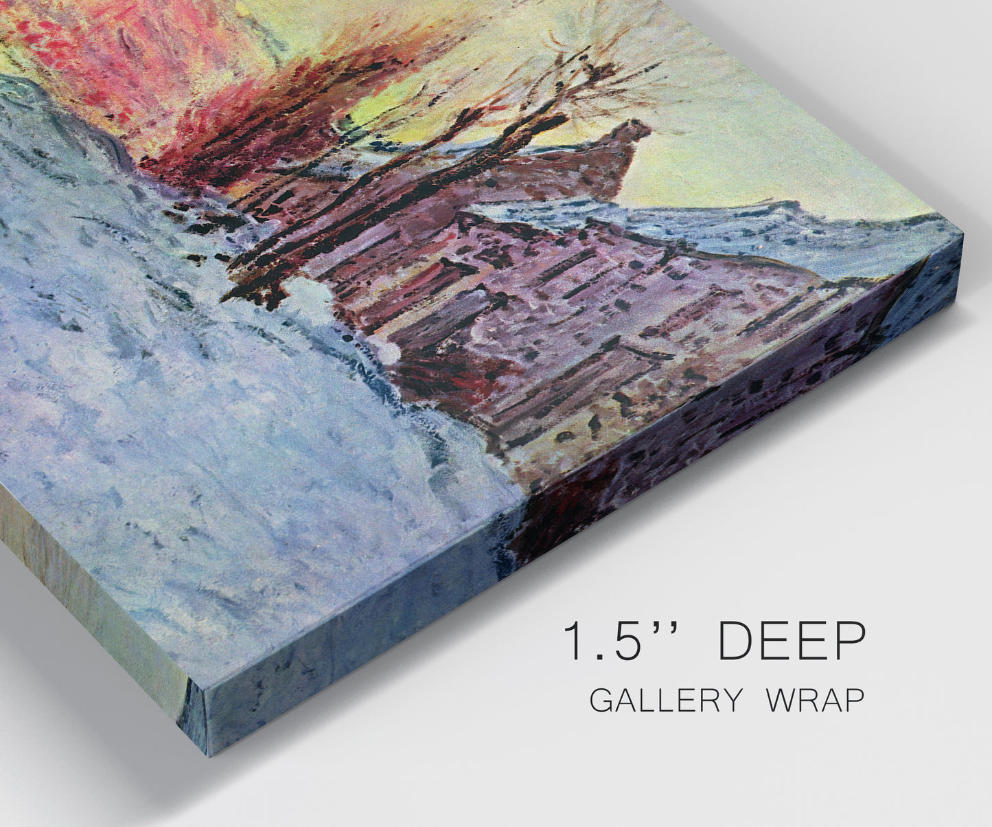 Close-up view of wrapped canvas corner featuring river view beneath cloudy sky.