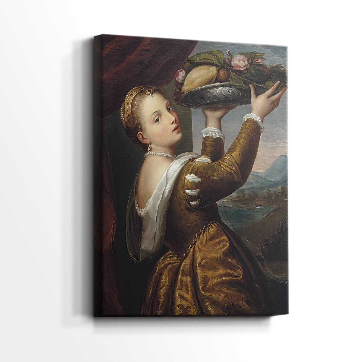 Side view of a canvas art print of a composed portrait with fruit and gentle shading, showing gallery-wrapped depth.