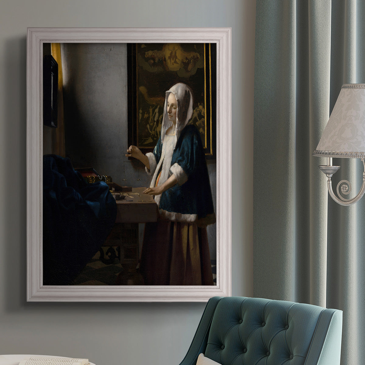 Quiet interior genre scene of a woman with scales by Johannes Vermeer in an {frame_style_descriptor} displayed in a neutral interior setting.