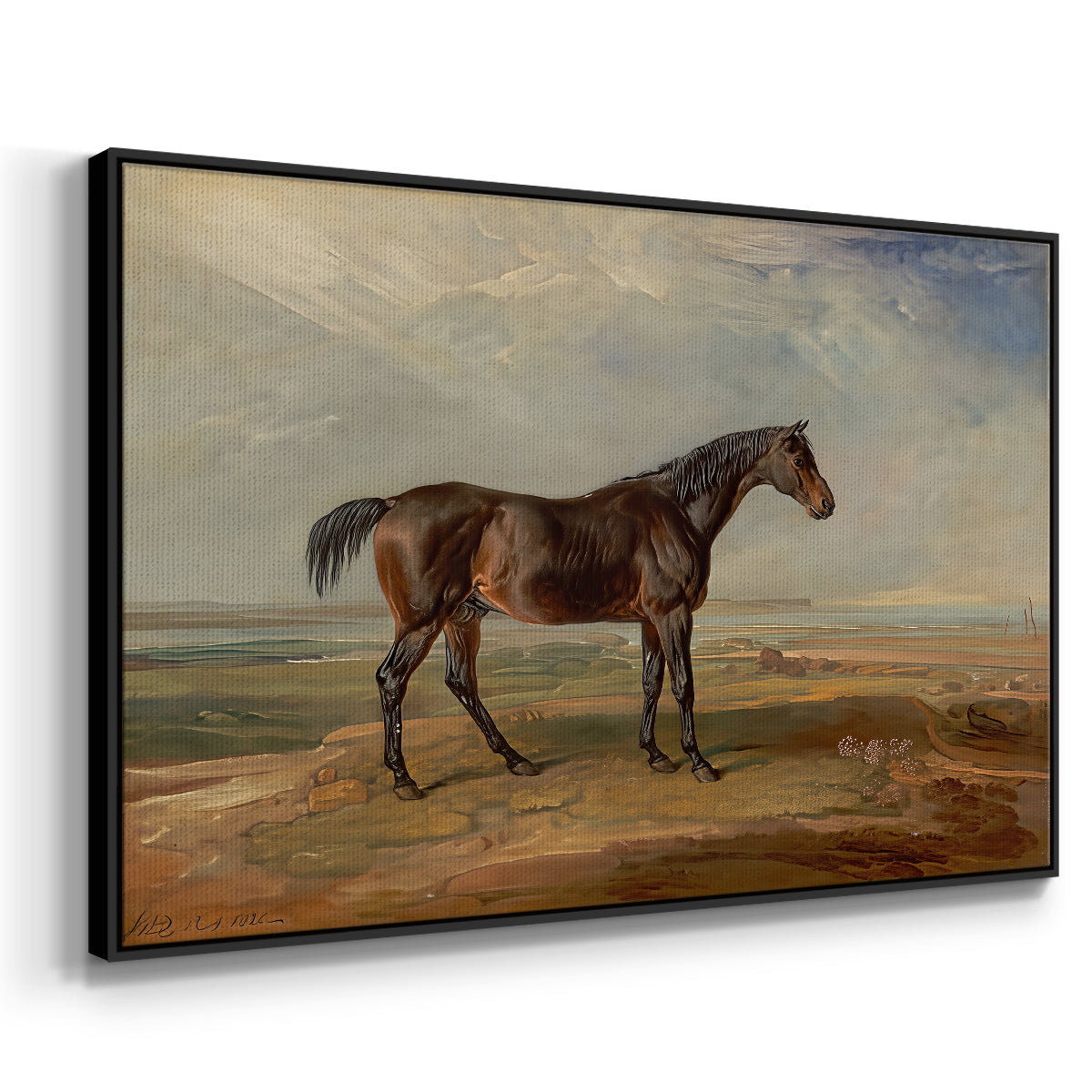 Dr. Syntax, a Bay Racehorse, Standing in a Coastal Landscape, an Estuary Beyond, c. 1820 - Floater Framed Canvas Print