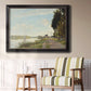 Impressionist river scene with red boats by Claude Monet in an ornate black frame with gilded inner detail displayed in a light-toned interior setting.