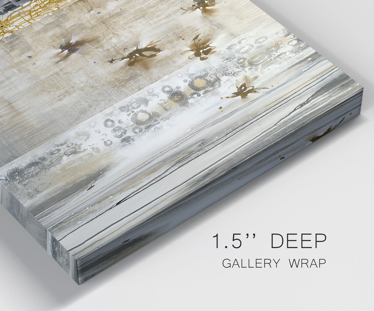 Close-up view of wrapped canvas corner featuring abstract willow inspired vertical forms.