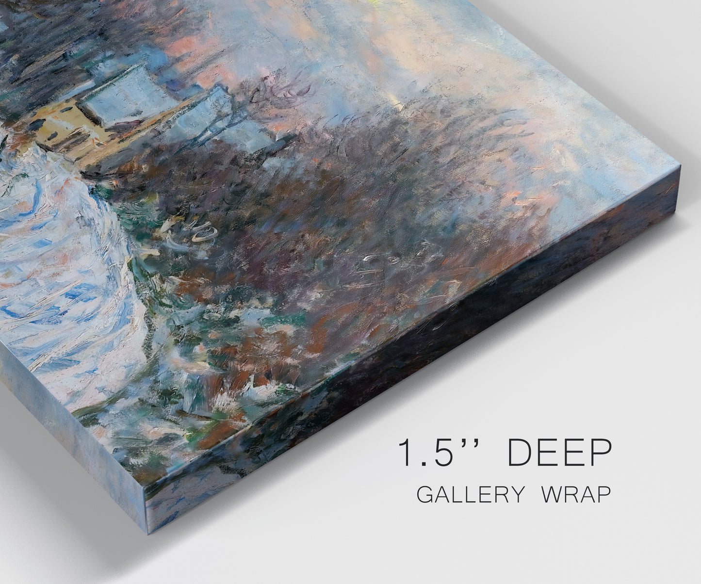 Close-up view of wrapped canvas corner featuring snow covered road leading to village.