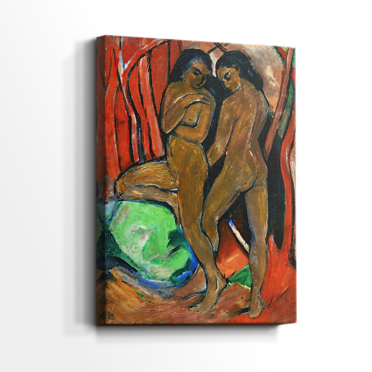 Side view of a canvas art print of a modern figure study with abstract shapes and color blocks, showing gallery-wrapped depth.