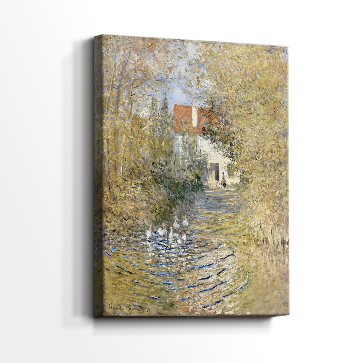 Side view of a canvas art print of a countryside view with animals and muted tones, showing gallery-wrapped depth.