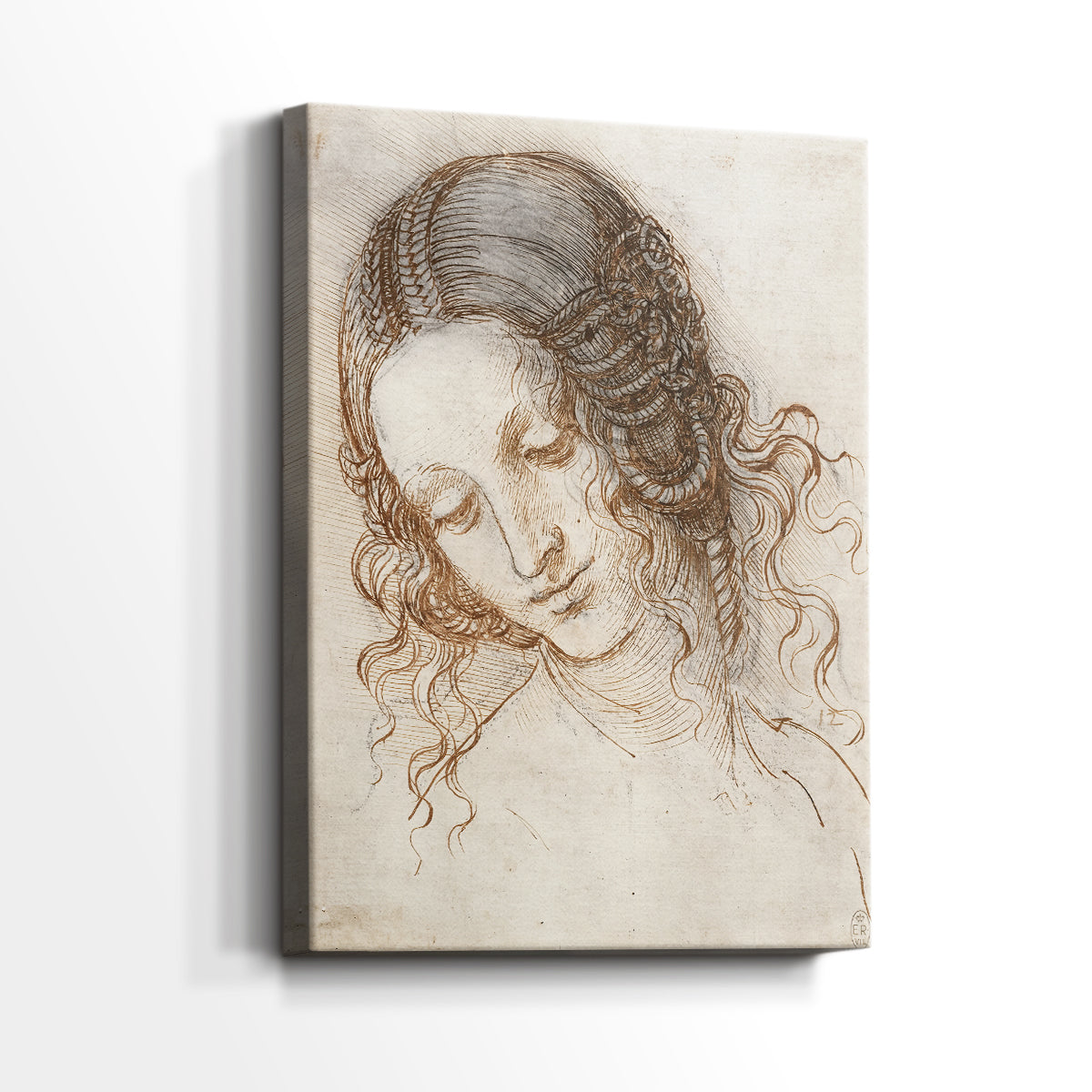 Side view of a canvas art print of a classical study with subtle expression and smooth lines, showing gallery-wrapped depth.