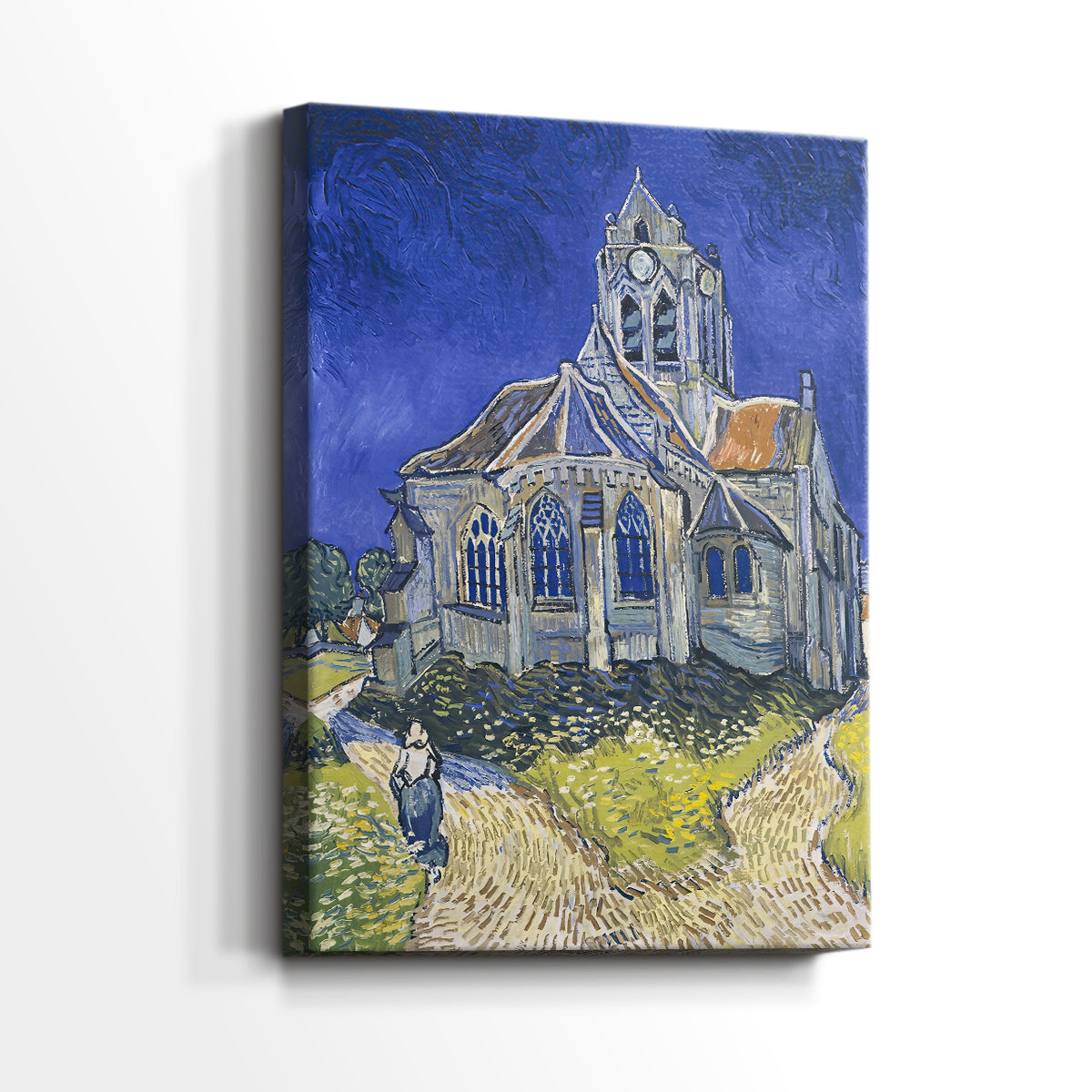 Side view of a canvas art print of a dynamic composition with architecture and movement, showing gallery-wrapped depth.
