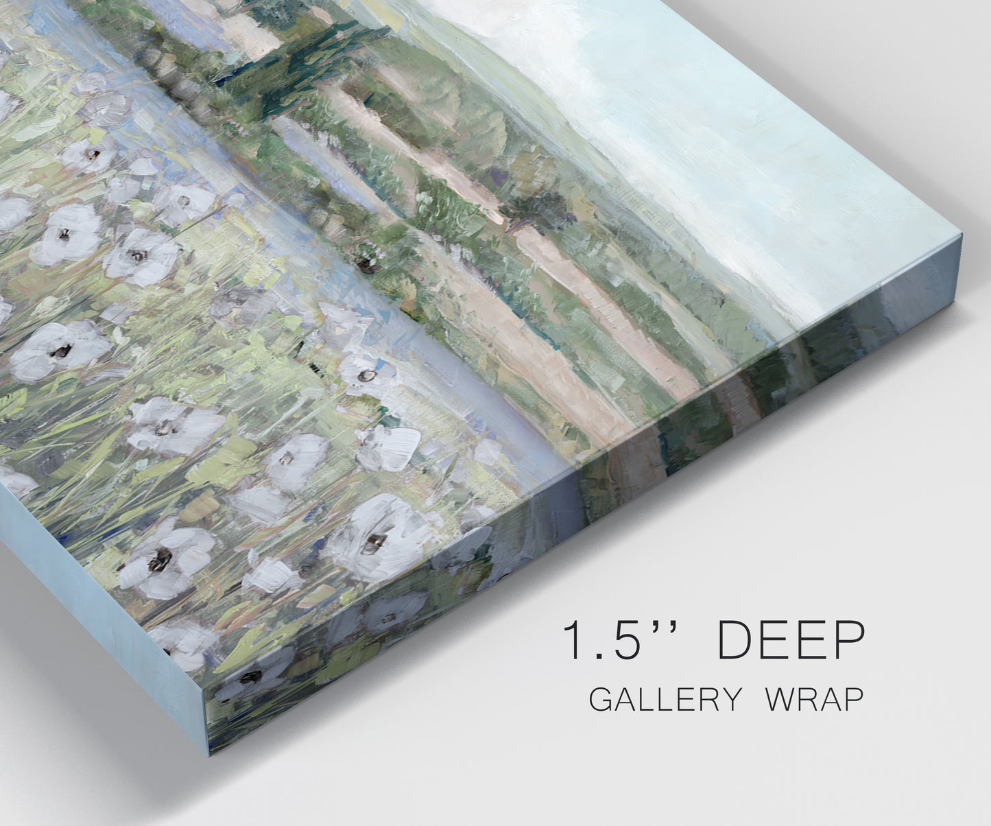 Close-up view of wrapped canvas corner featuring vintage poppy filled valley.