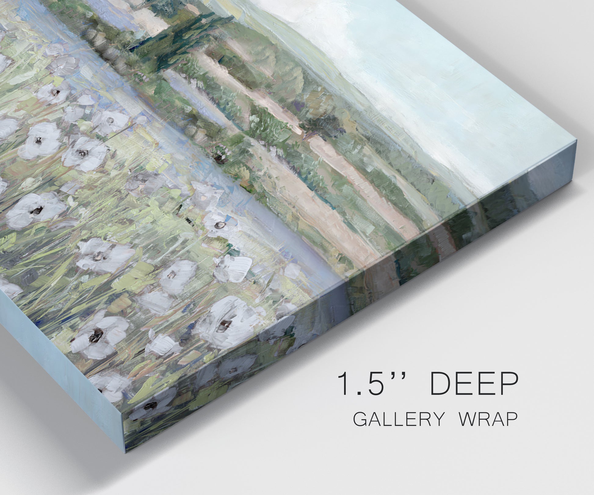 Close-up view of wrapped canvas corner featuring vintage poppy filled valley.