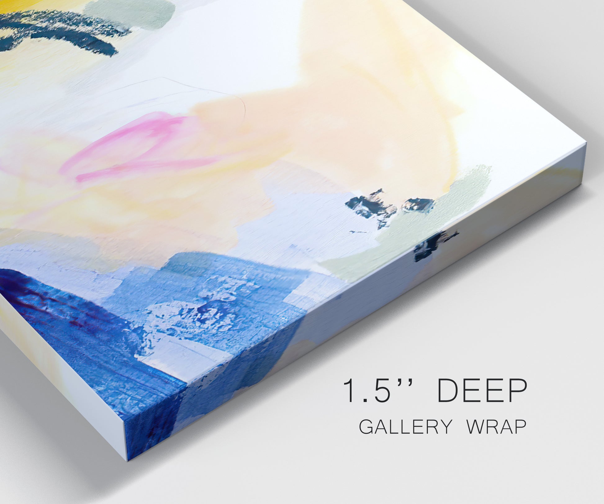Close-up view of wrapped canvas corner featuring bright abstract candy colored strokes.