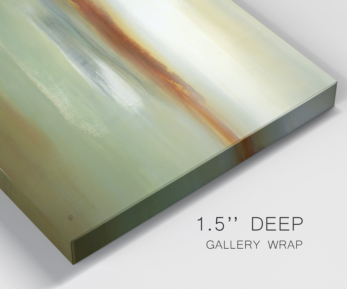 Close-up view of wrapped canvas corner featuring green focused abstract color vision.