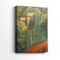 Side view of a canvas art print of a stylized countryside scene with bright colors and abstracted forms, showing gallery-wrapped depth.