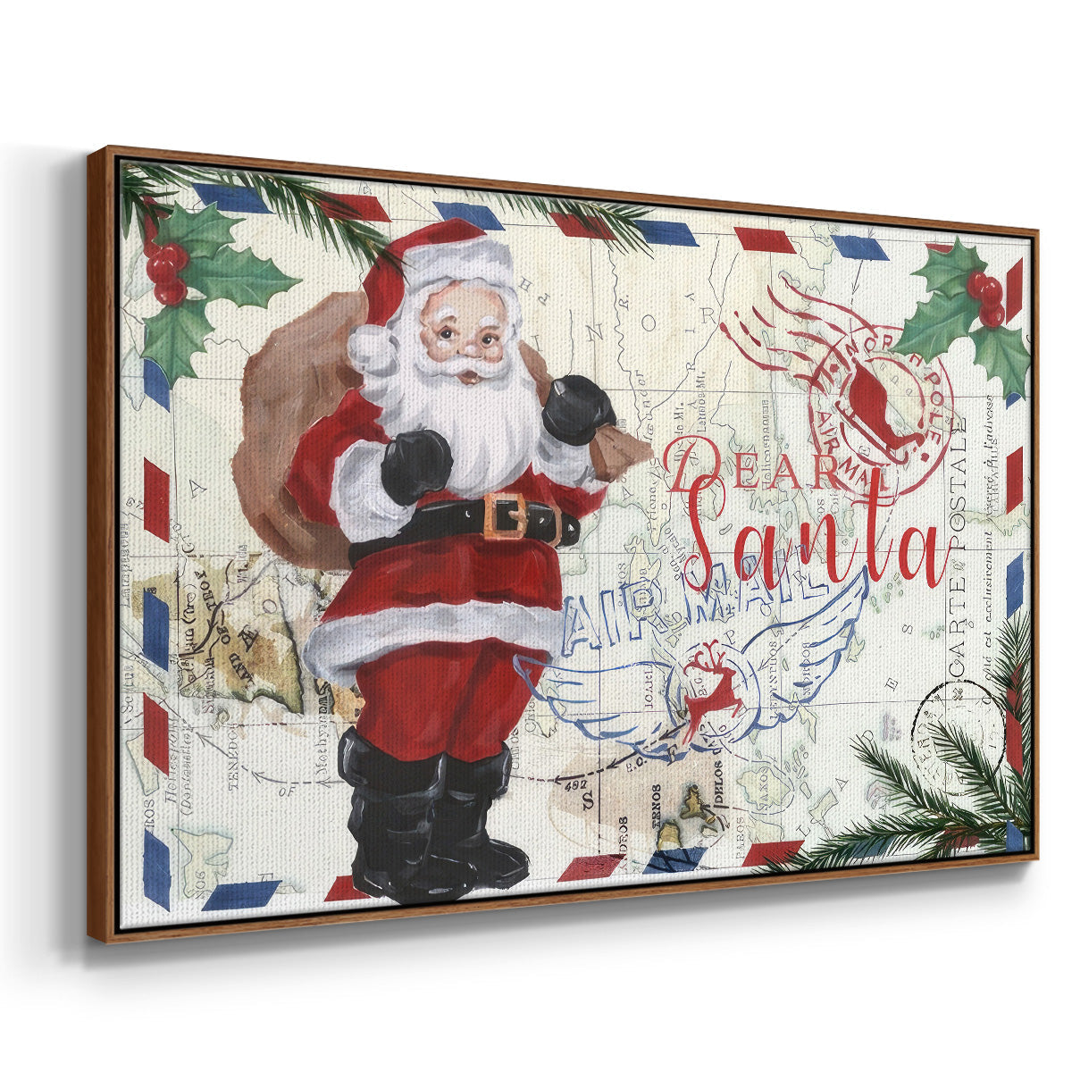 Christmas Par Avion Collection A - Framed Gallery Wrapped Canvas in Floating Frame